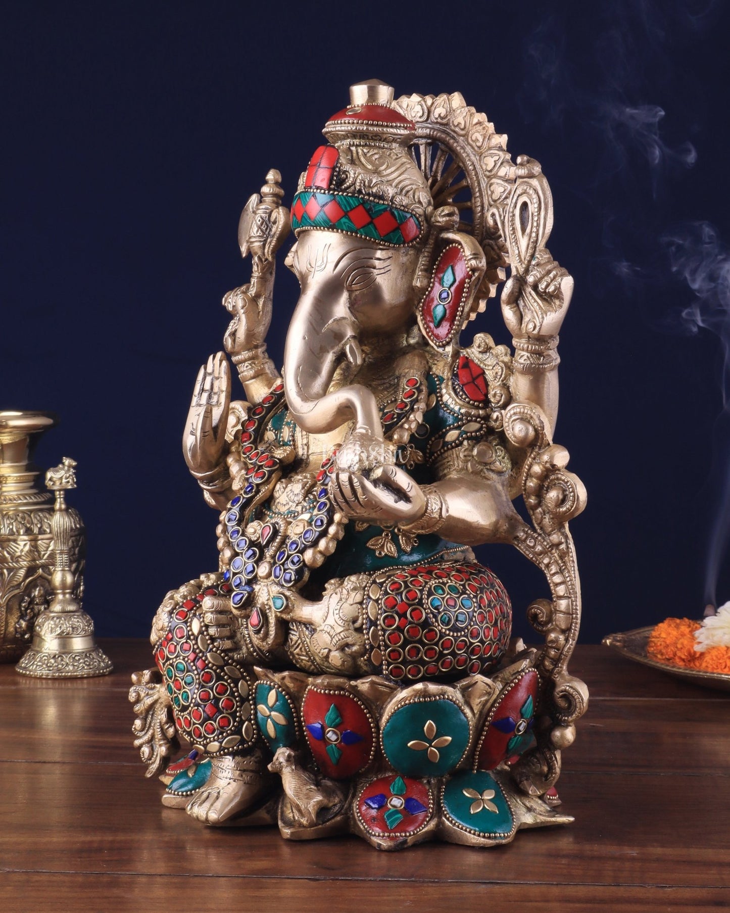 Brass Ganesha Idol with Meenakari Stonework - 12" - Budhshiv.com