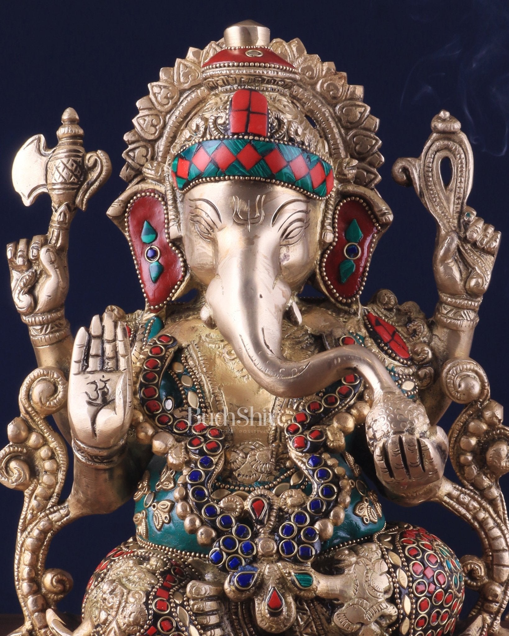 Brass Ganesha Idol with Meenakari Stonework - 12" - Budhshiv.com