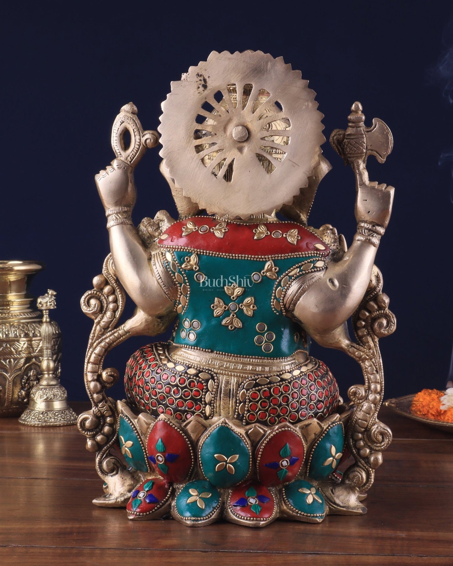 Brass Ganesha Idol with Meenakari Stonework - 12" - Budhshiv.com