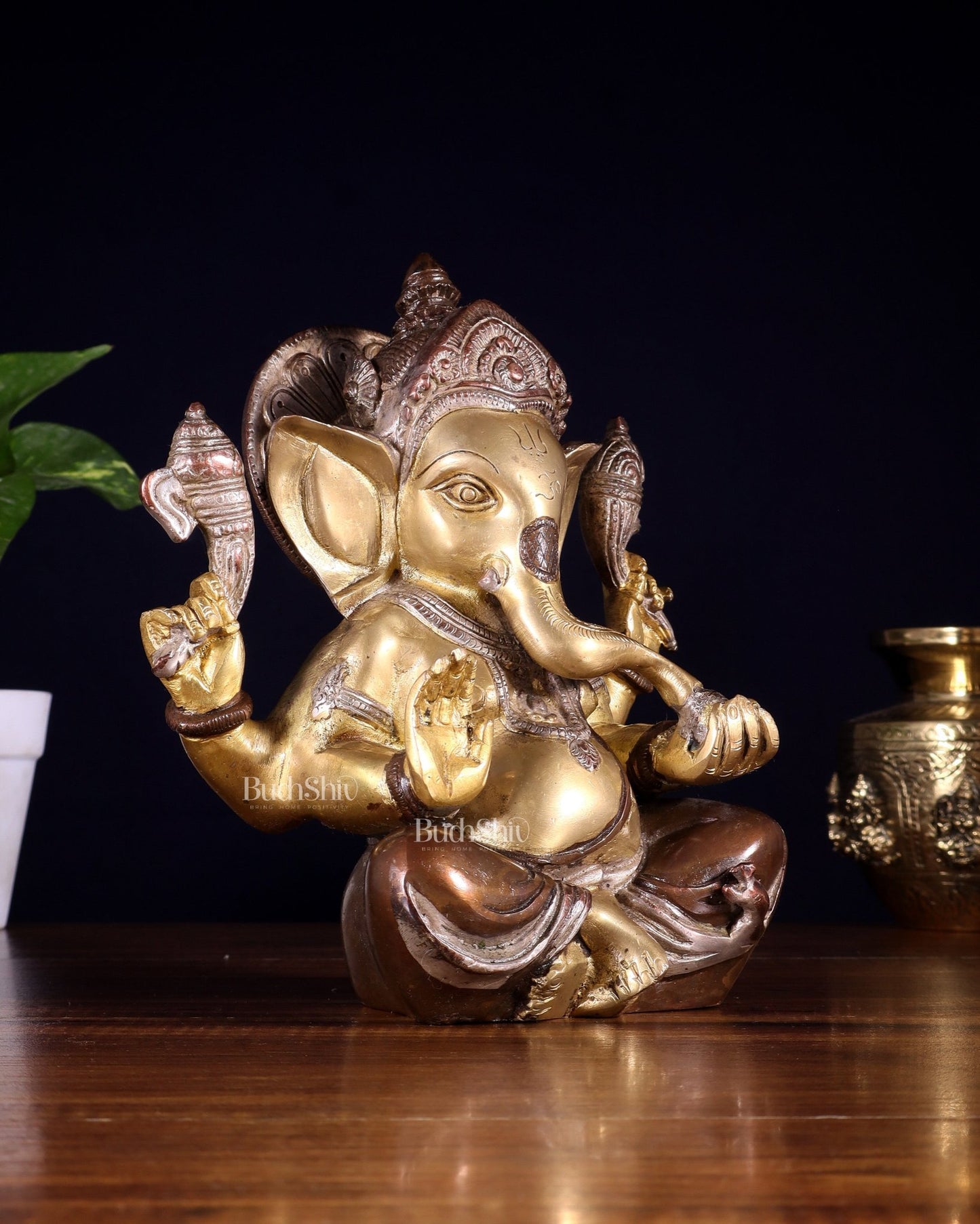 Brass Ganesha Idol with Sharp Features - 8 Inch three tone - Budhshiv.com