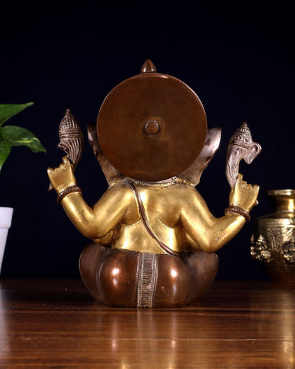 Brass Ganesha Idol with Sharp Features - 8 Inch three tone - Budhshiv.com
