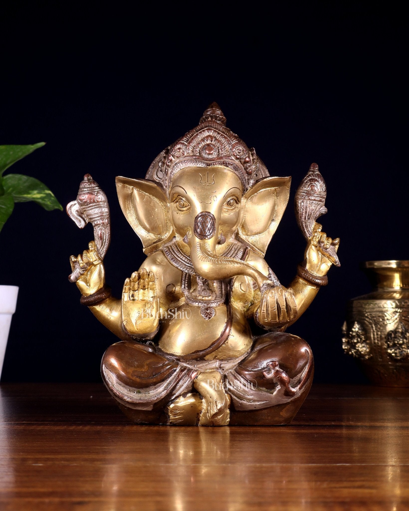 Brass Ganesha Idol with Sharp Features - 8 Inch three tone - Budhshiv.com