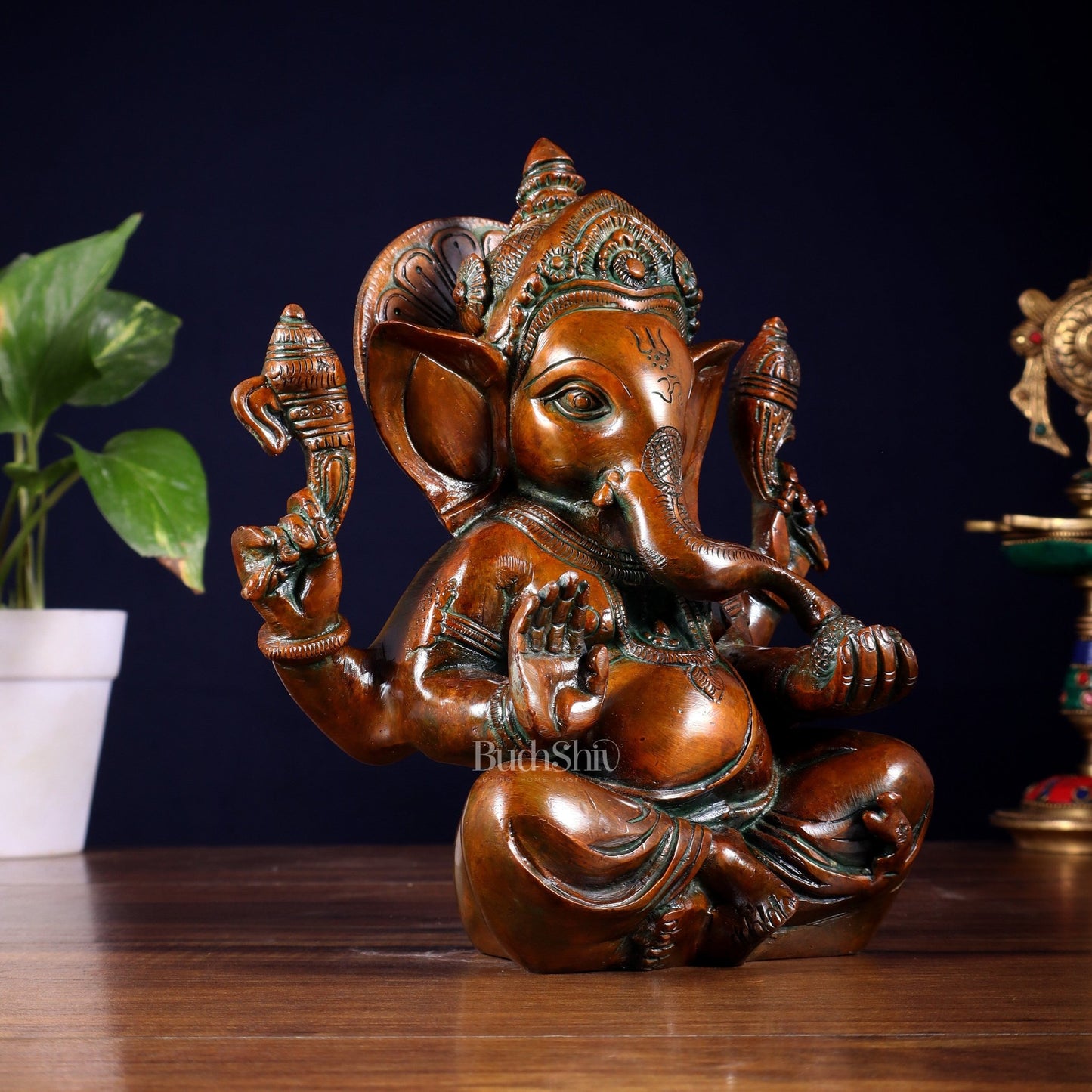 Brass Ganesha Idol with Sharp Features - 8 Inch Vintage brown - Budhshiv.com