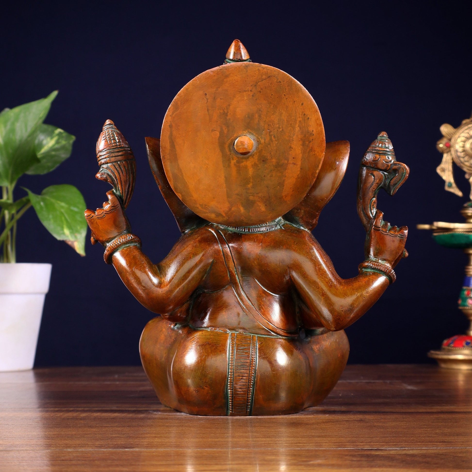 Brass Ganesha Idol with Sharp Features - 8 Inch Vintage brown - Budhshiv.com