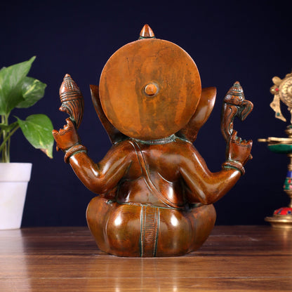 Brass Ganesha Idol with Sharp Features - 8 Inch Vintage brown - Budhshiv.com