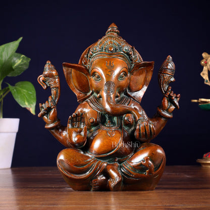 Brass Ganesha Idol with Sharp Features - 8 Inch Vintage brown - Budhshiv.com