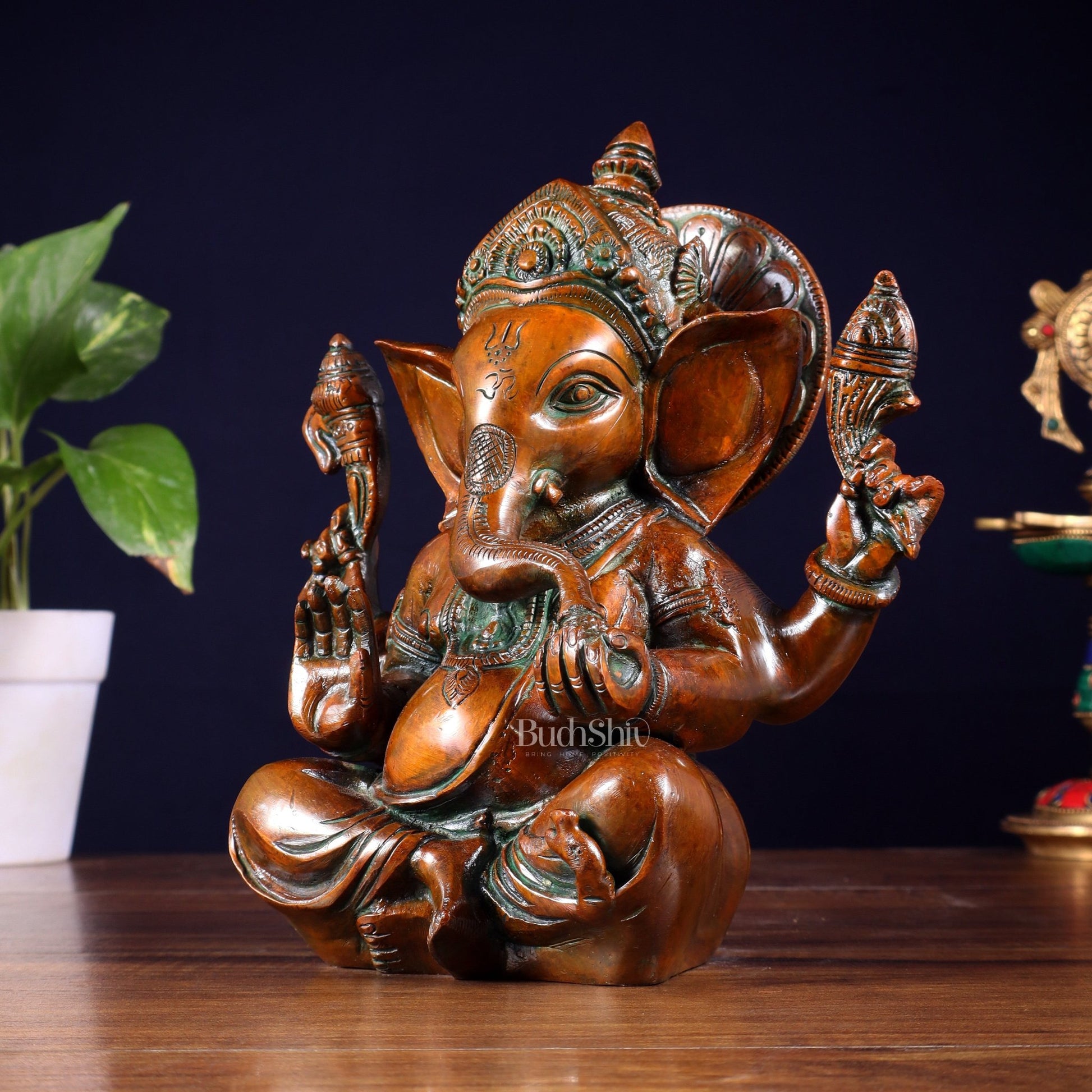 Brass Ganesha Idol with Sharp Features - 8 Inch Vintage brown - Budhshiv.com
