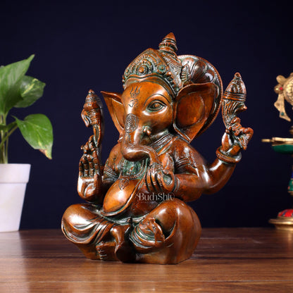 Brass Ganesha Idol with Sharp Features - 8 Inch Vintage brown - Budhshiv.com