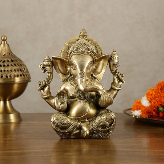 Brass Ganesha Idol with Sharp Features - 8 Inch - Budhshiv.com