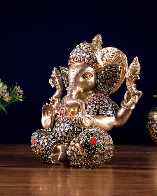 Brass Ganesha Idol with Sharp Features - 8 Inch - Budhshiv.com