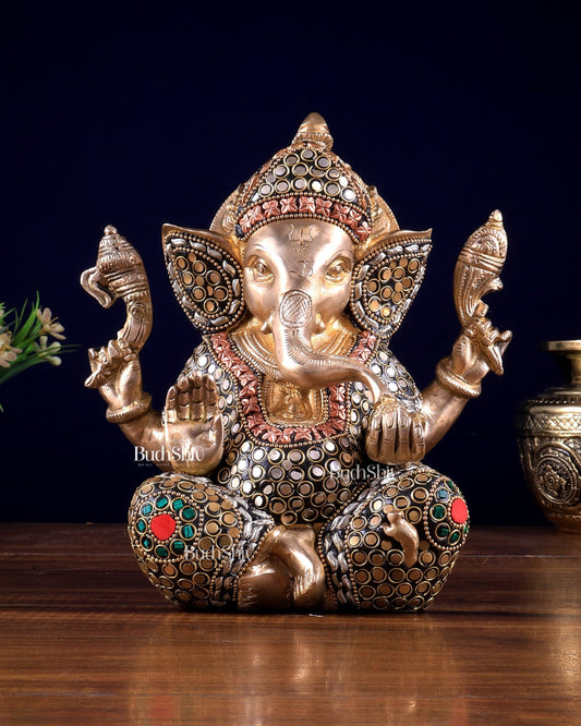 Brass Ganesha Idol with Sharp Features - 8 Inch - Budhshiv.com