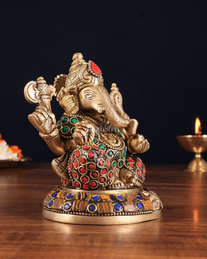 Brass Ganesha Idol with Stonework – 5" x 3" x 2" | Auspicious & Artistic Decor - Budhshiv.com