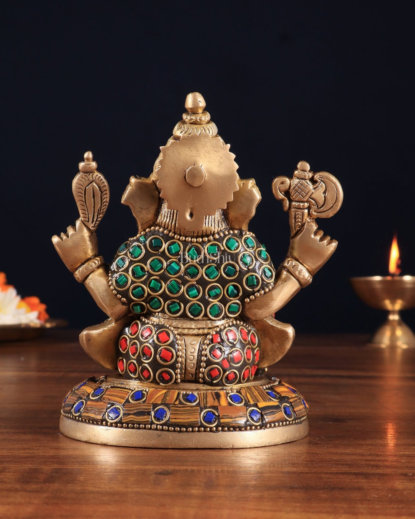 Brass Ganesha Idol with Stonework – 5" x 3" x 2" | Auspicious & Artistic Decor - Budhshiv.com