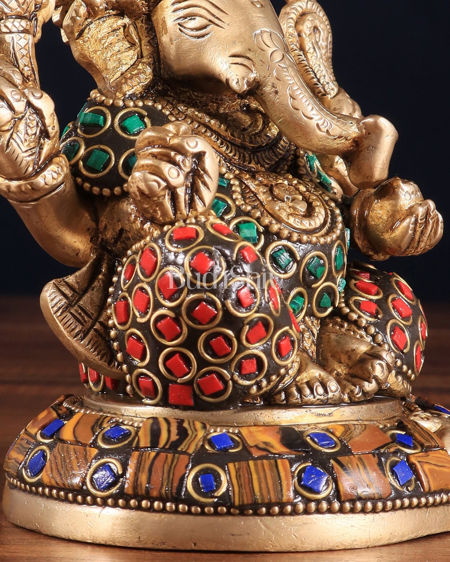 Brass Ganesha Idol with Stonework – 5" x 3" x 2" | Auspicious & Artistic Decor - Budhshiv.com