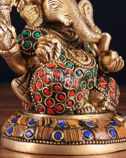 Brass Ganesha Idol with Stonework – 5" x 3" x 2" | Auspicious & Artistic Decor - Budhshiv.com