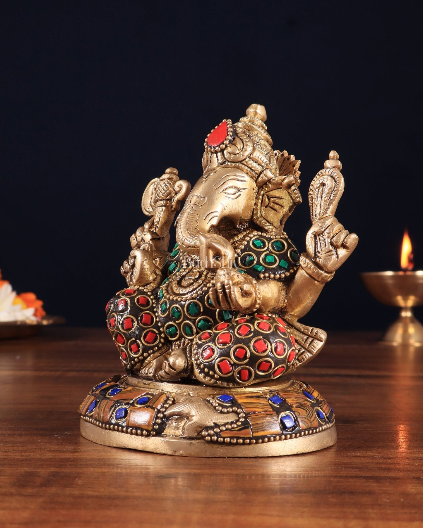 Brass Ganesha Idol with Stonework – 5" x 3" x 2" | Auspicious & Artistic Decor - Budhshiv.com
