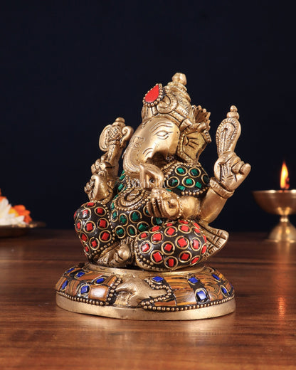 Brass Ganesha Idol with Stonework – 5" x 3" x 2" | Auspicious & Artistic Decor - Budhshiv.com