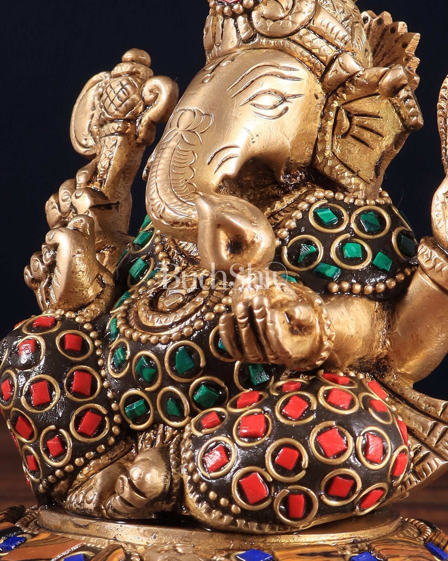 Brass Ganesha Idol with Stonework – 5" x 3" x 2" | Auspicious & Artistic Decor - Budhshiv.com
