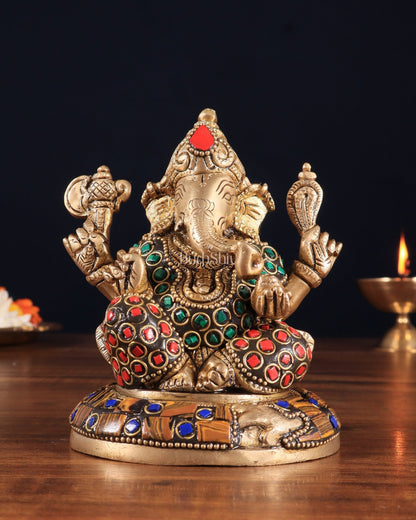 Brass Ganesha Idol with Stonework – 5" x 3" x 2" | Auspicious & Artistic Decor - Budhshiv.com