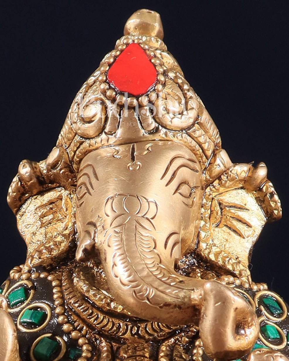 Brass Ganesha Idol with Stonework – 5" x 3" x 2" | Auspicious & Artistic Decor - Budhshiv.com
