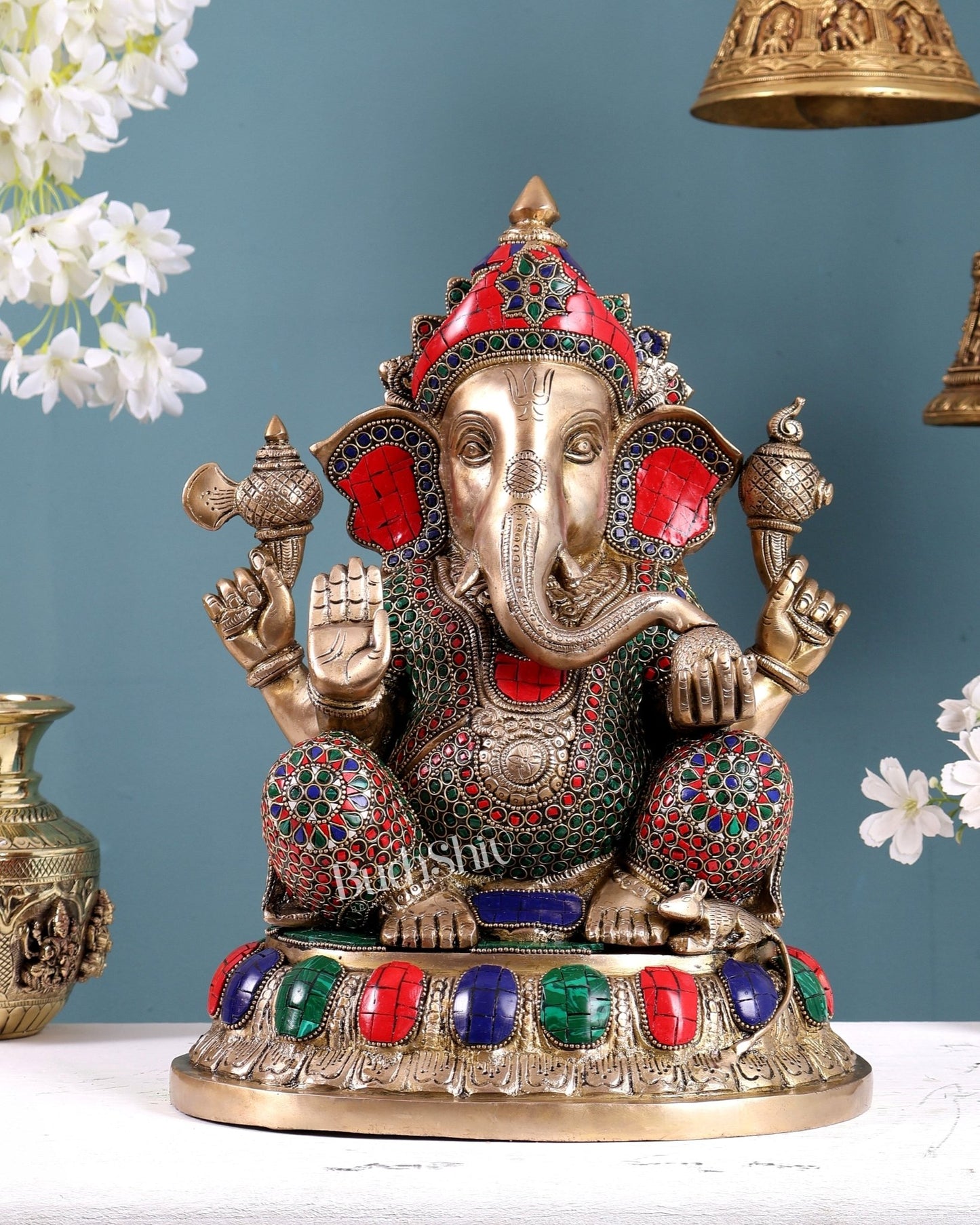 Brass Ganesha Idol with Stonework – Decorative Lord Ganesh Statue (14 Inches, 12 Kg) - Budhshiv.com
