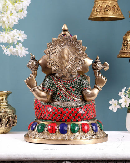 Brass Ganesha Idol with Stonework – Decorative Lord Ganesh Statue (14 Inches, 12 Kg) - Budhshiv.com