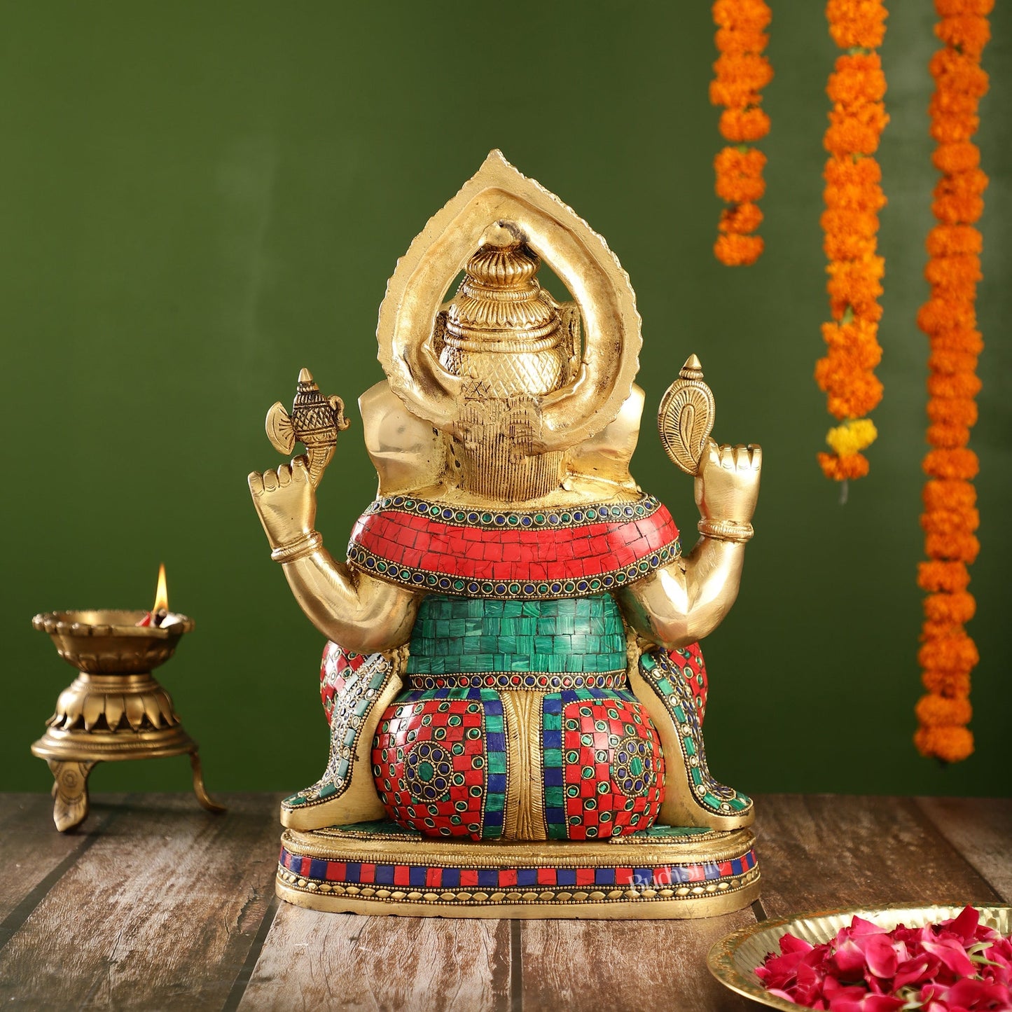 Brass Ganesha Idol with Stonework | Height 15 inch