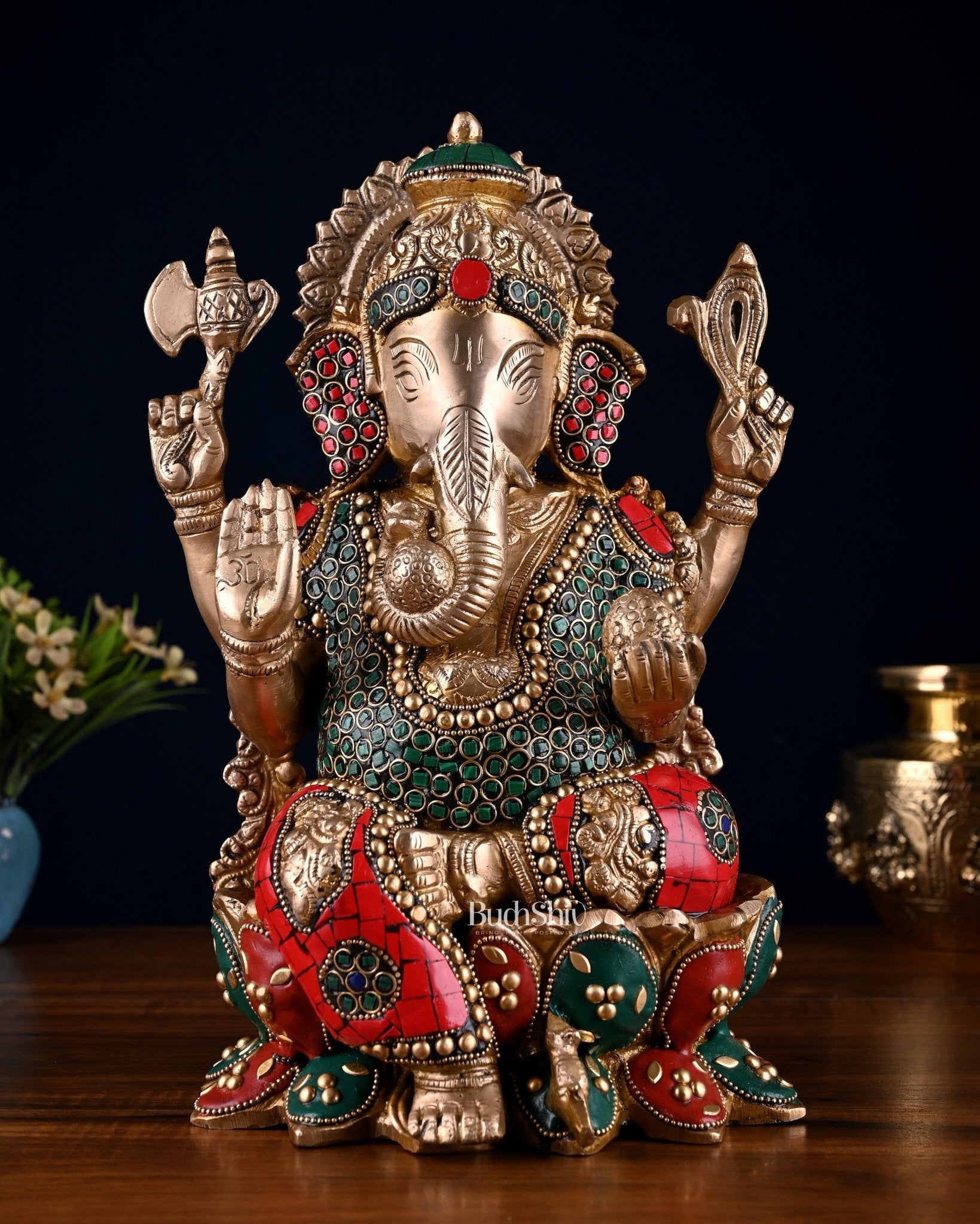 Brass Ganesha idol with trunk on right side 12 inch with stonework valampuri - Budhshiv.com