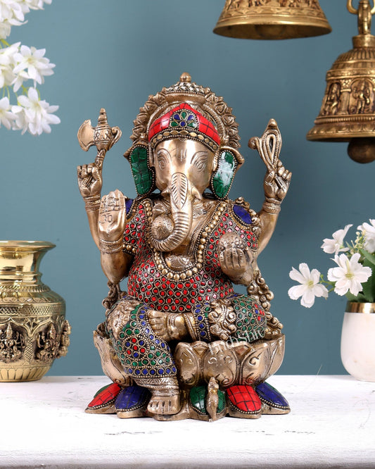 Brass Ganesha idol with trunk on right side 12 inch with stonework valampuri - Budhshiv.com