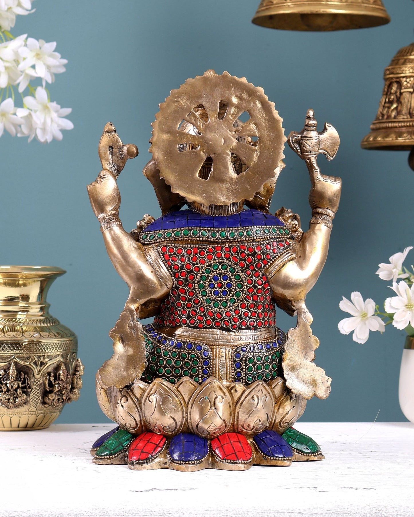 Brass Ganesha idol with trunk on right side 12 inch with stonework valampuri - Budhshiv.com