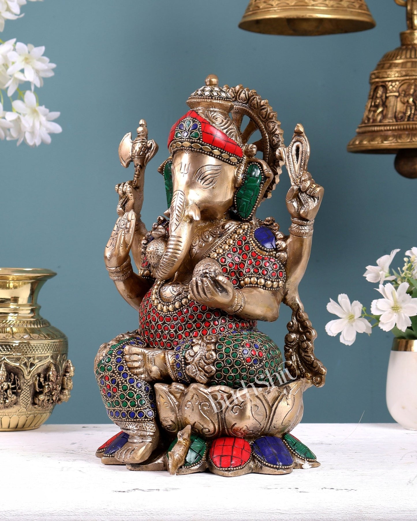 Brass Ganesha idol with trunk on right side 12 inch with stonework valampuri - Budhshiv.com