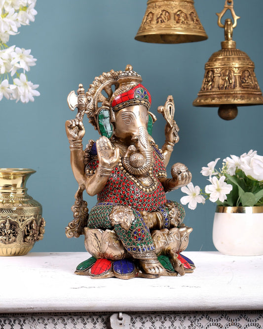 Brass Ganesha idol with trunk on right side 12 inch with stonework valampuri - Budhshiv.com