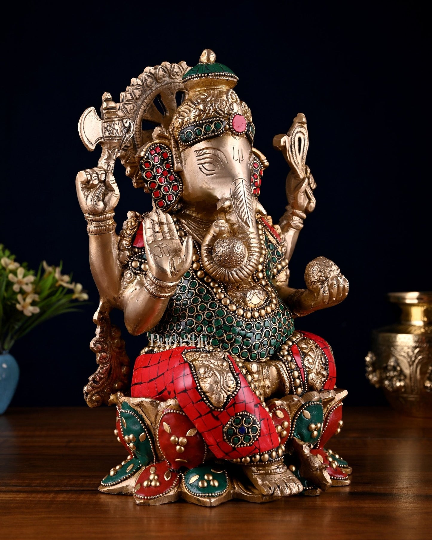 Brass Ganesha idol with trunk on right side 12 inch with stonework valampuri - Budhshiv.com