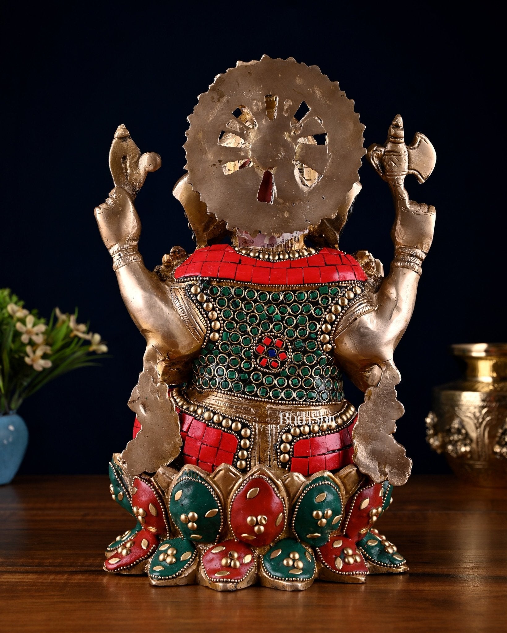 Brass Ganesha idol with trunk on right side 12 inch with stonework valampuri - Budhshiv.com