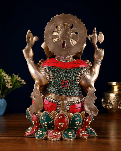 Brass Ganesha idol with trunk on right side 12 inch with stonework valampuri - Budhshiv.com