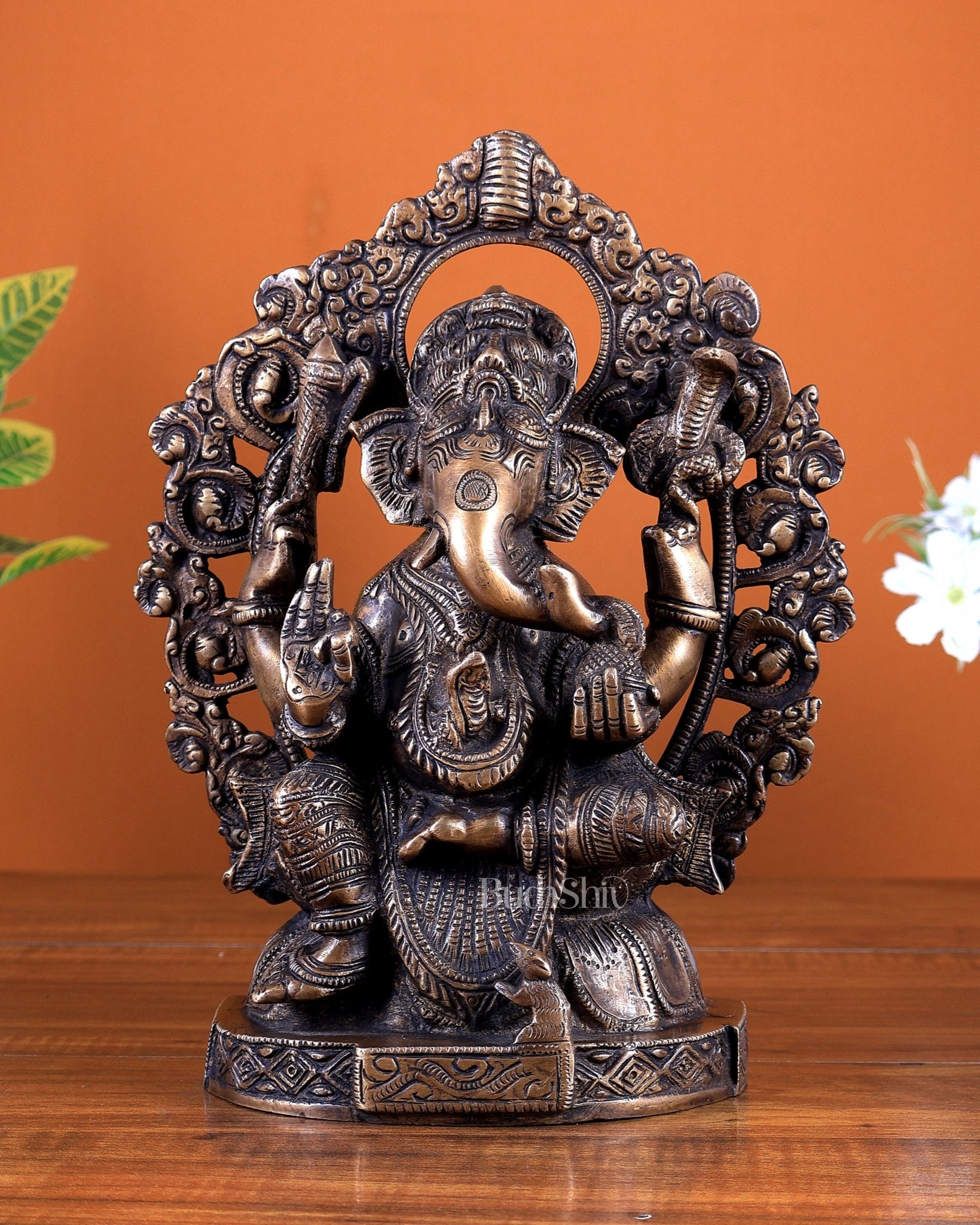 Brass Ganesha Idol with Unique Prabhavali – Antique Tone Finish 9.5 inch - Budhshiv.com