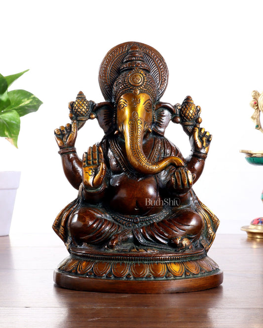 Brass Ganesha Idol with Vintage Finish – Pure Brass Handcrafted 8" - Budhshiv.com