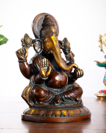 Brass Ganesha Idol with Vintage Finish – Pure Brass Handcrafted 8" - Budhshiv.com