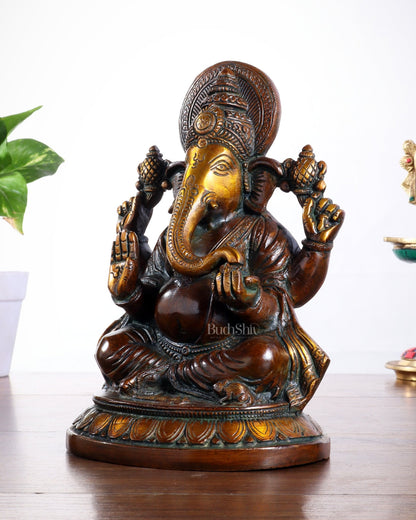 Brass Ganesha Idol with Vintage Finish – Pure Brass Handcrafted 8" - Budhshiv.com