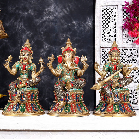 Brass Ganesha, Lakshmi, and Saraswati Idols on Lotus Base 15 inch with shringar and meenakari - Budhshiv.com