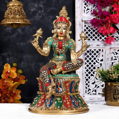 Brass Ganesha, Lakshmi, and Saraswati Idols on Lotus Base 15 inch with shringar and meenakari - Budhshiv.com