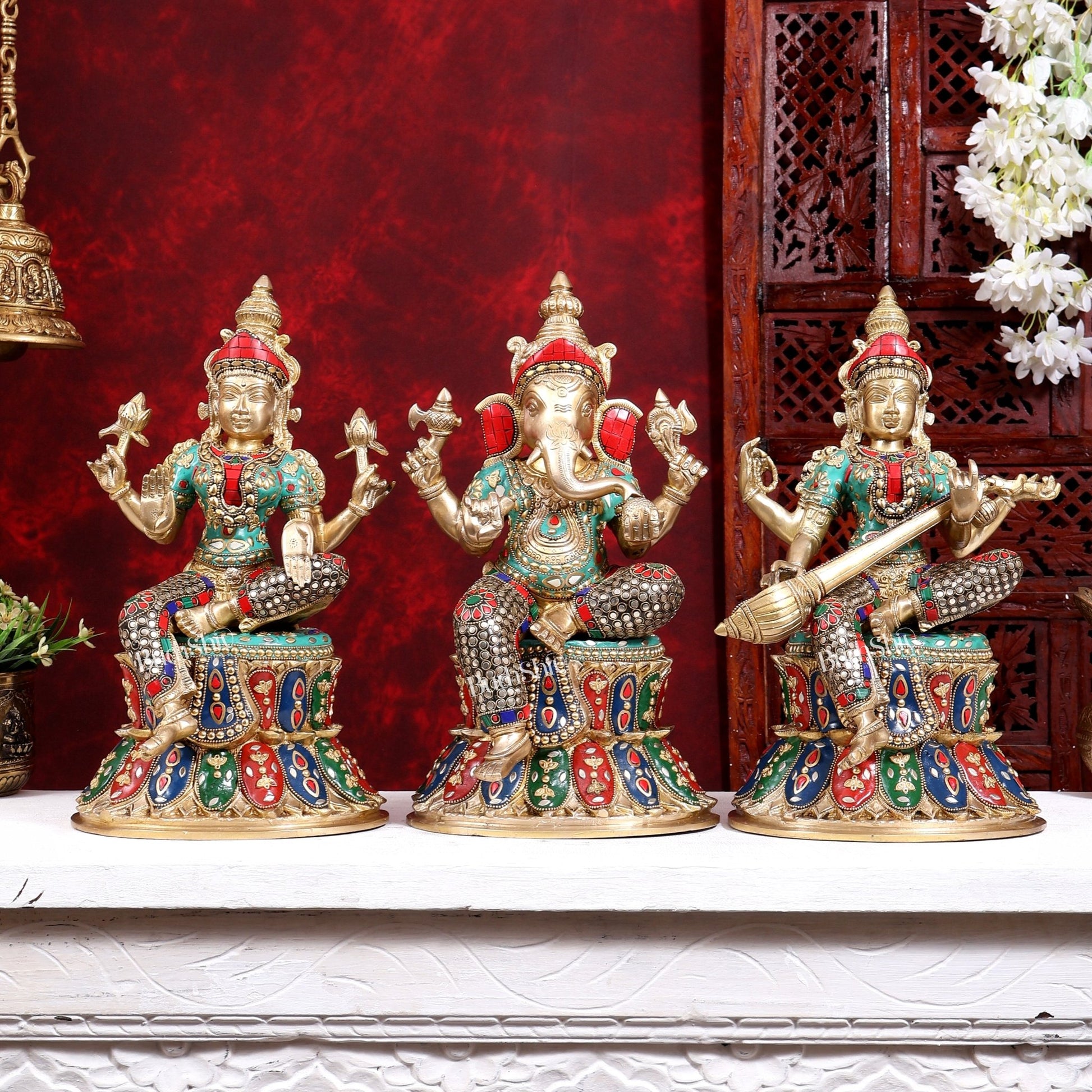 Brass Ganesha, Lakshmi, and Saraswati Idols on Lotus Base 15 inch - Budhshiv.com