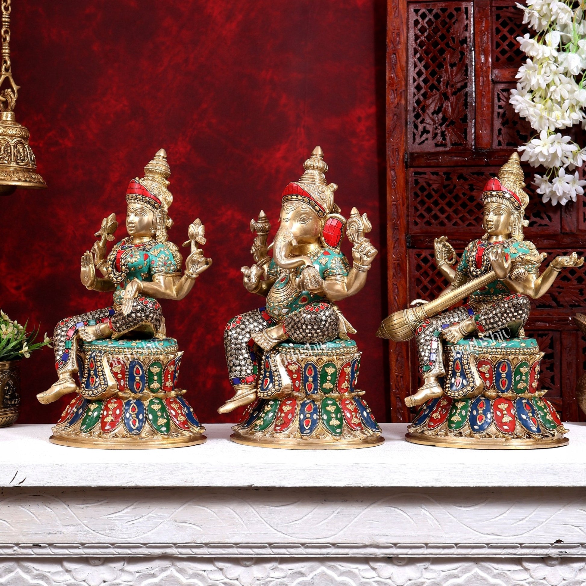 Brass Ganesha, Lakshmi, and Saraswati Idols on Lotus Base 15 inch - Budhshiv.com