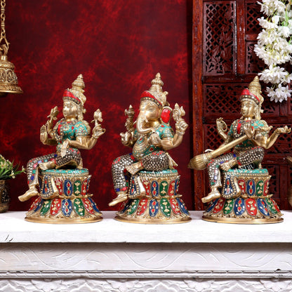 Brass Ganesha, Lakshmi, and Saraswati Idols on Lotus Base 15 inch - Budhshiv.com