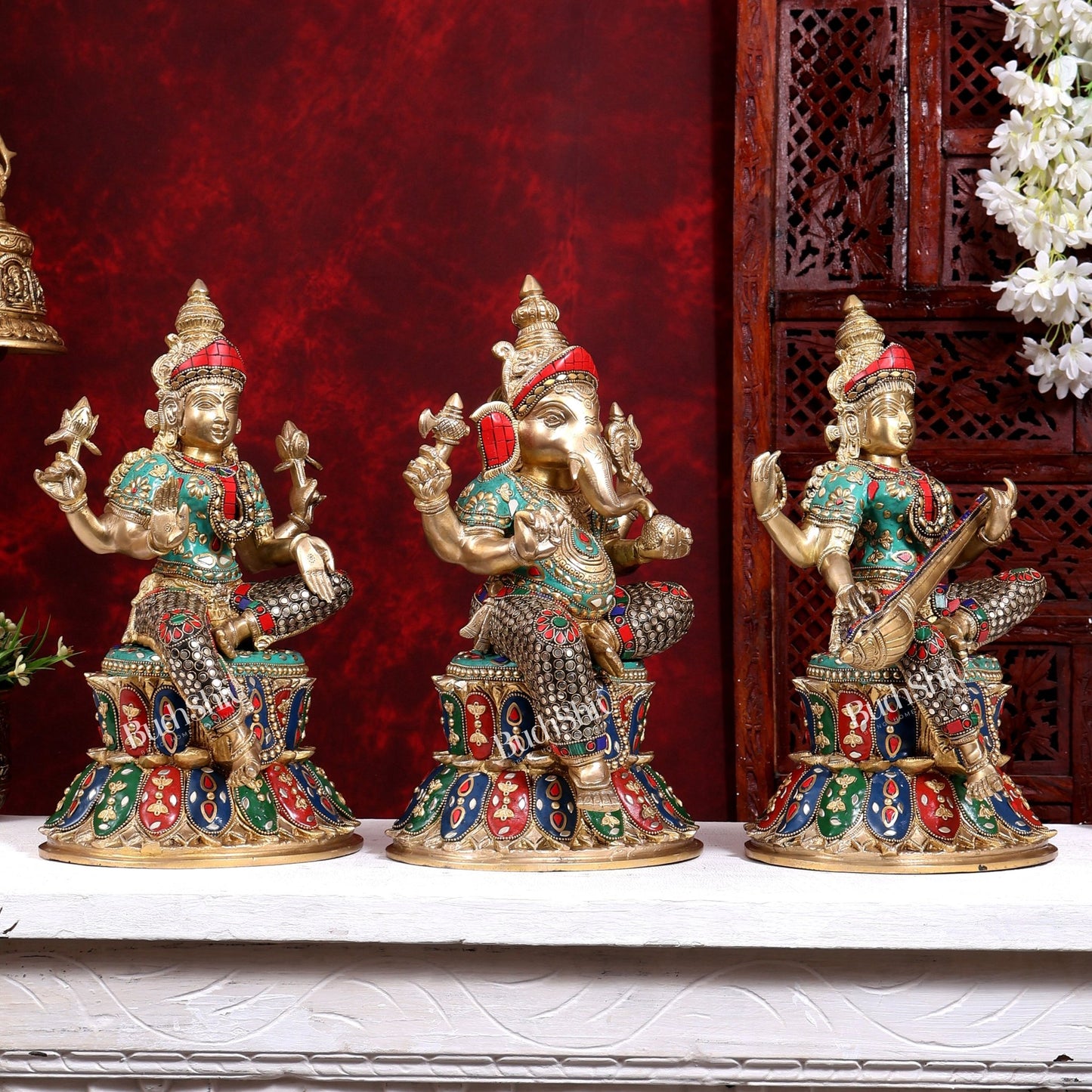 Brass Ganesha, Lakshmi, and Saraswati Idols on Lotus Base 15 inch - Budhshiv.com
