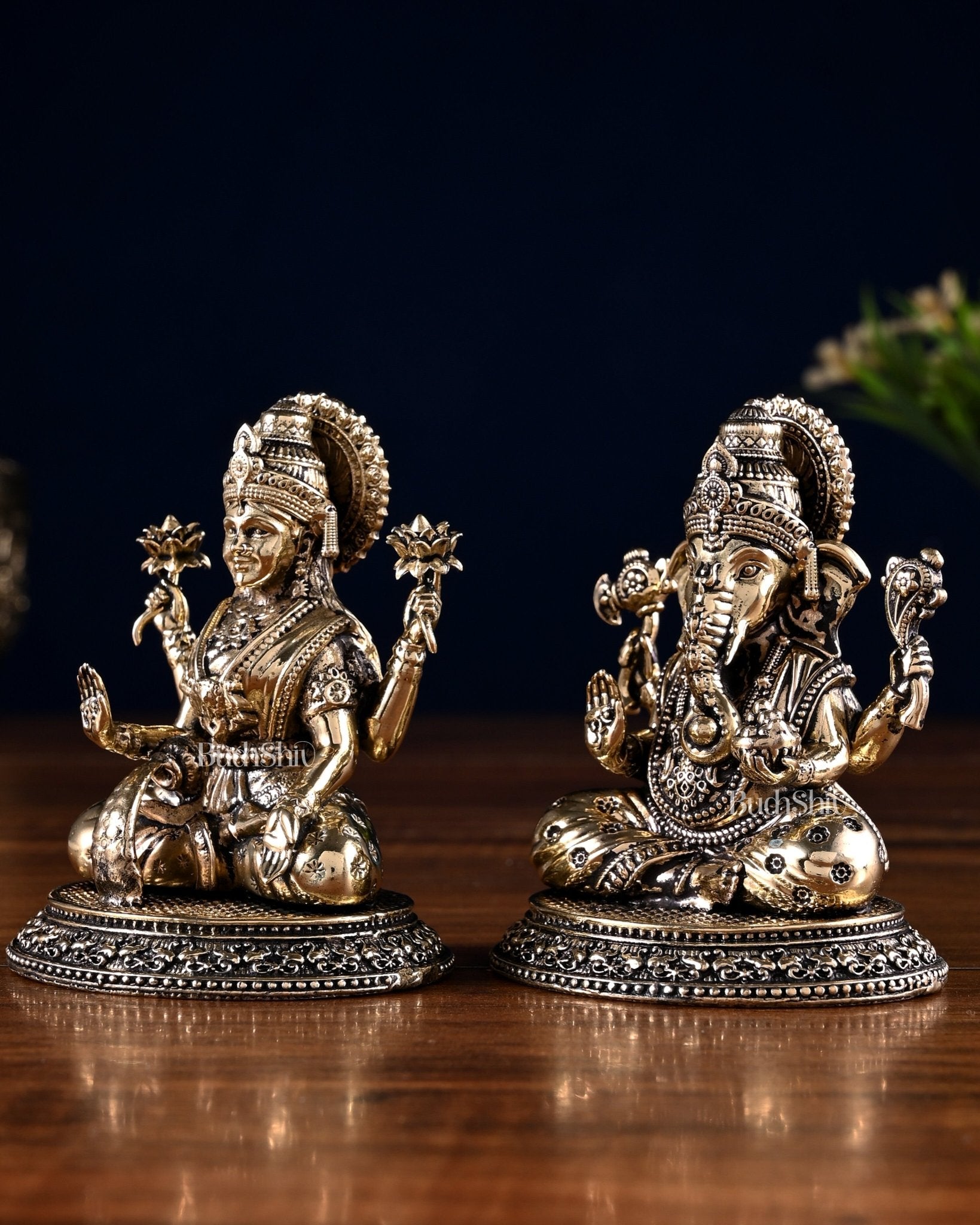 Brass Ganesha Lakshmi Idol Pair – 3.5 Inch - Budhshiv.com