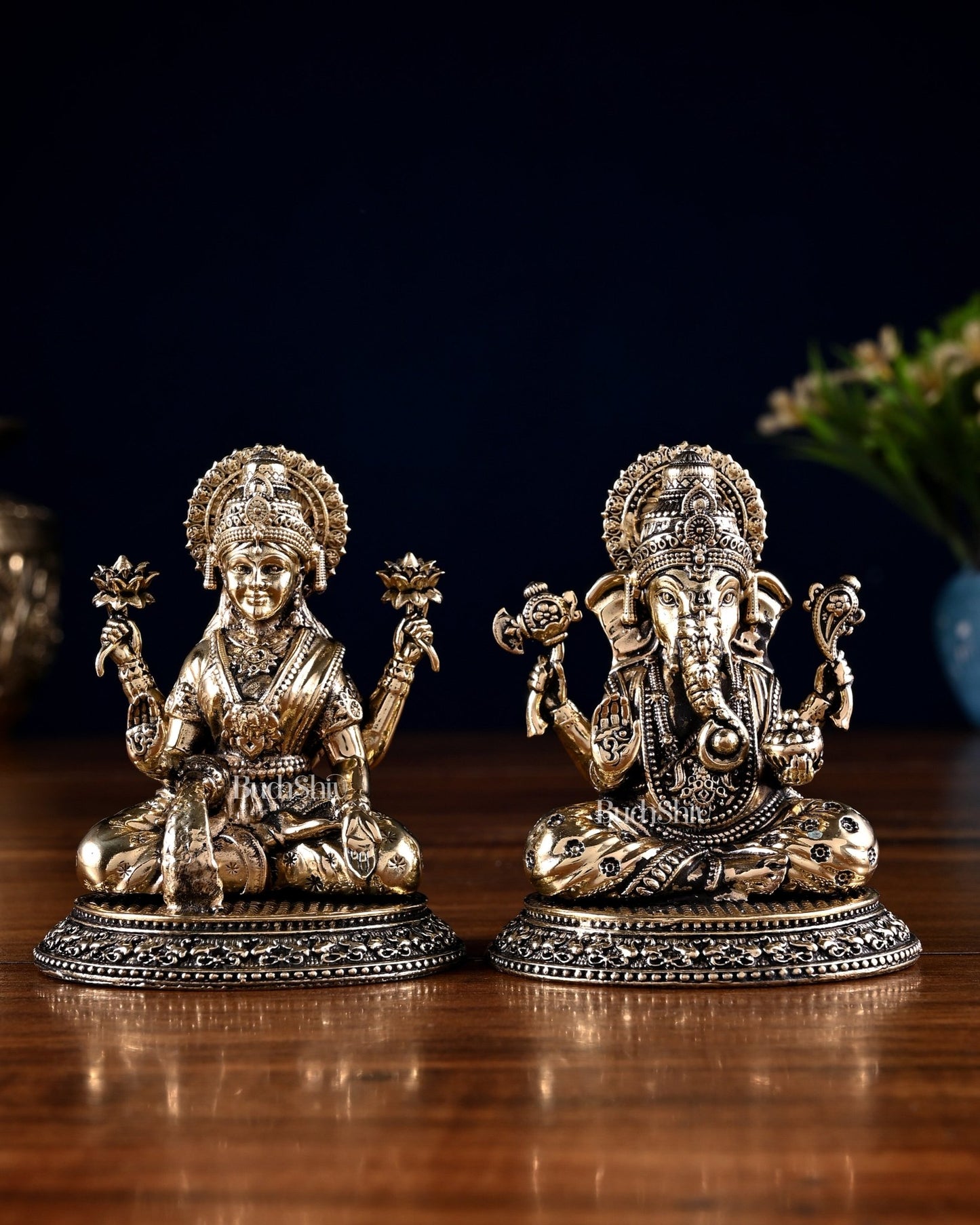 Brass Ganesha Lakshmi Idol Pair – 3.5 Inch - Budhshiv.com