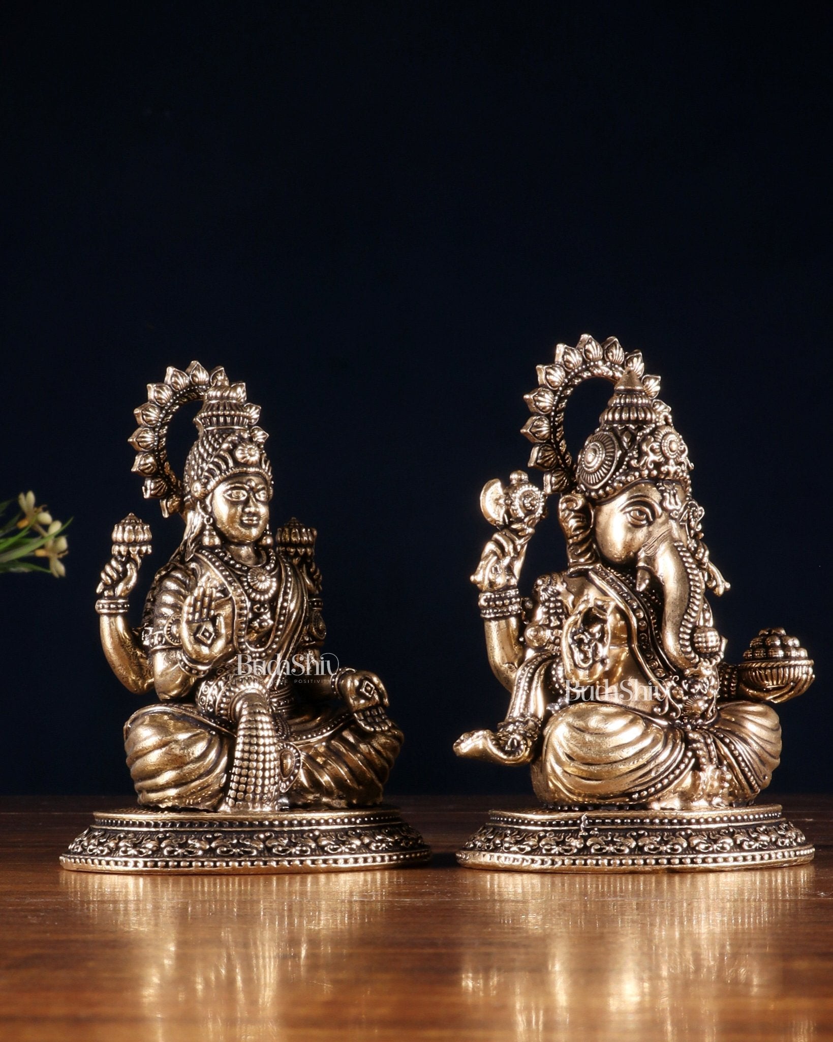 Brass Ganesha Lakshmi Idol Pair – Superfine Intricate Carving | 4.6" - Budhshiv.com