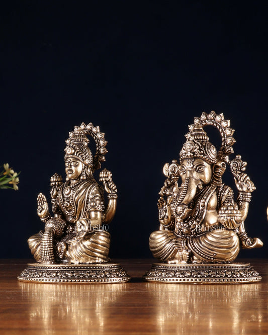 Brass Ganesha Lakshmi Idol Pair – Superfine Intricate Carving | 4.6" - Budhshiv.com