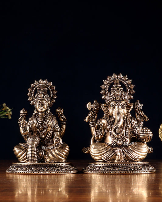 Brass Ganesha Lakshmi Idol Pair – Superfine Intricate Carving | 4.6" - Budhshiv.com